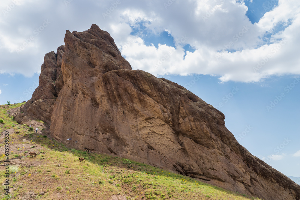 Fototapeta premium Alamut Castle view in the Alamut mountain in Iran. Alamut was a mountain fortress located in Alamut region in the South Caspian province of Daylam near the Rudbar region in Iran