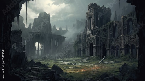 Eerie silence hangs over the forgotten ruins, crumbling away beneath a desolate sky. Generative AI