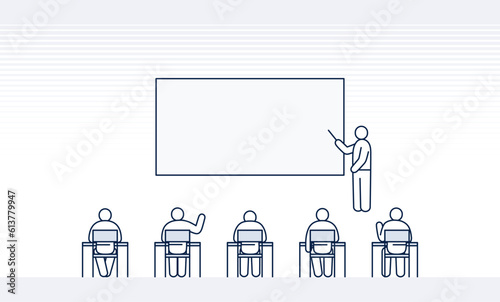teacher and students in the classroom scene. Instructor standing in front of whiteboard and back view of sitting people. editable stroke line icons.