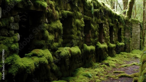 Moss covered walls bear witness to the passage of time  nature reclaiming what was once man made. Generative AI