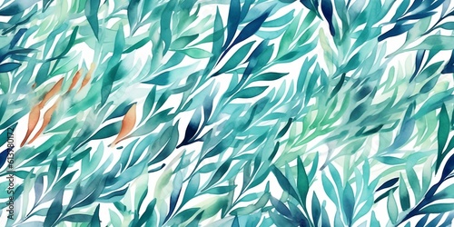 Background with leaves, watercolor, blue and green