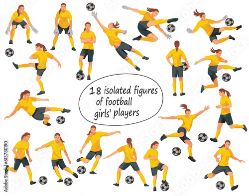 18 vector isolated figures of women's football players and goalkeepers in yellow sports uniform jumping, running, kicking the ball, standing in goal on white background