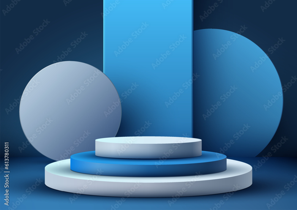 3D realistic empty blue and white podium steps stand with blue circle backdrop minimal wall scene on dark blue background 3D realistic empty blue and white podium steps stand with blue circle backdrop minimal wall scene on dark blue background