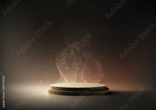 3D realistic empty gold podium stand with smoke and dust particles elements scene on dark background with lighting effect luxury style