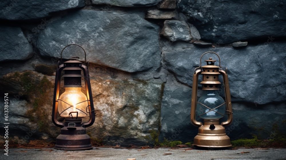 Old vintage storm lamps on stone wall Generative AI