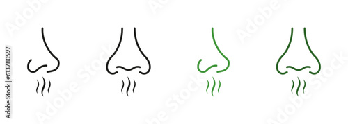 Nasal Odor Sniff Pictogram Set. Human Nose Smells Linear Symbol Collection. Nose Loss Sense, Smell, Scent Line Icons. Bad Aroma, Breath Air Outline Black and Color Signs. Isolated Vector Illustration
