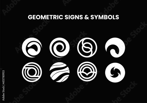 Set of eight minimalistic trendy shapes. Stylish vector logo emblems for Your design. Simple geometric signs collection. 