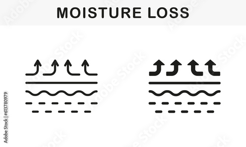 Skin Moisture Evaporation Line and Silhouette Black Icon Set. Skin Loss Water Pictogram. Skin Structure and Arrows Up Moisture Wicking Process, Skin Odor Symbol Collection. Vector Illustration