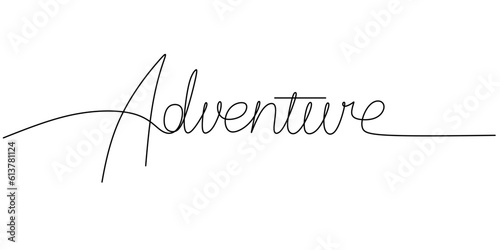 One continuous line drawing typography line art of adventure word writing isolated on white background.