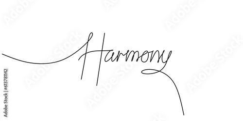 One continuous line drawing typography line art of harmony word writing isolated on white background.