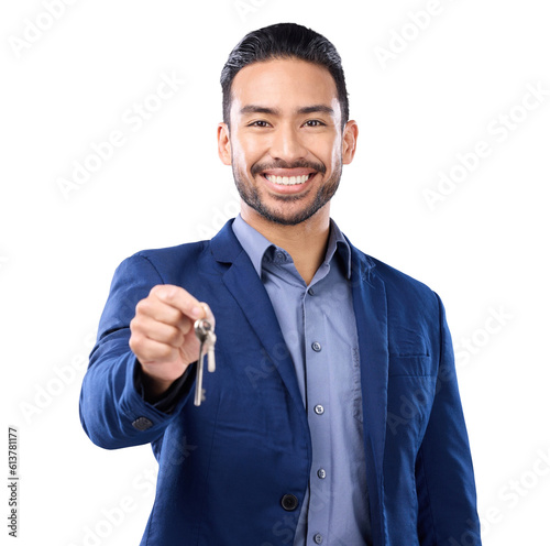 Portrait, smile and keys with a realtor man isolated on a transparent background for real estate. Future, property and investment with a happy male salesman or agent on PNG for a home mortgage photo