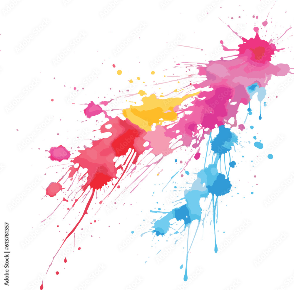 colorful paint splashes, Bright colorful watercolor splash splatter stain brush strokes on white background. Modern vibrant aquarelle spot. Rainbow trendy isolated design on white. Element. Vector .