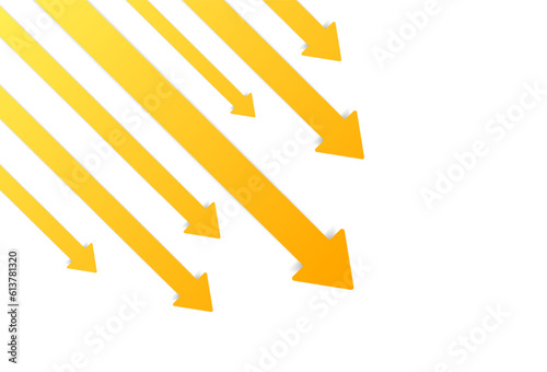 Arrows down. Flat, yellow, arrows show negative growth, arrows indicate fall. Vector illustration