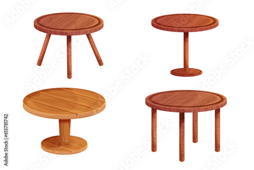 Wooden table round desk tectured in comic cartoon style isolated on white background. Rustic furniture with legs. photo