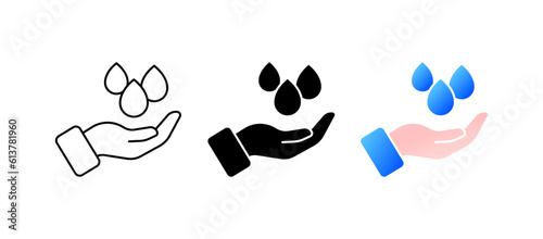 Moisture. Different styles, color, amount of moisture, skin hydration. Vector icons.