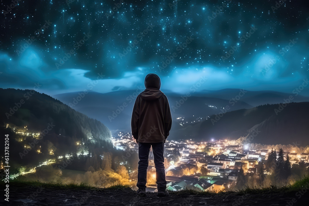 Back view of boy looking at night city and a beautiful starry night sky with lots of bright flashes. A creative concept of imagination, a child's dream. Generative AI illustration.