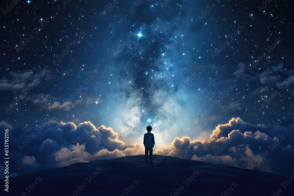The view from the back is of a boy looking up at a beautiful starry night sky with lots of bright flashes. A creative idea of imagination, a child's dream. Generative AI illustration.