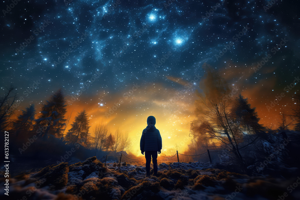 The view from the back is of a boy looking up at a beautiful starry night sky with lots of bright flashes. A creative composition of imagination, a child's dream. Generative AI illustration.