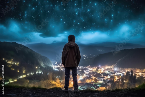 Back view of boy looking at night city and a beautiful starry night sky with lots of bright flashes. A creative concept of imagination, a child's dream. Generative AI illustration. © SnowElf