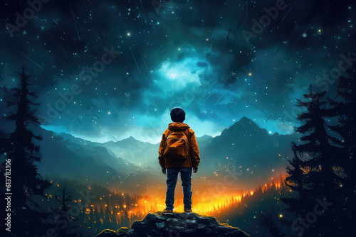 The view from the back is of a boy with backpack looking up at a beautiful starry night sky with lots of bright flashes. A creative concept of imagination, a child's dream. Generative AI illustration.