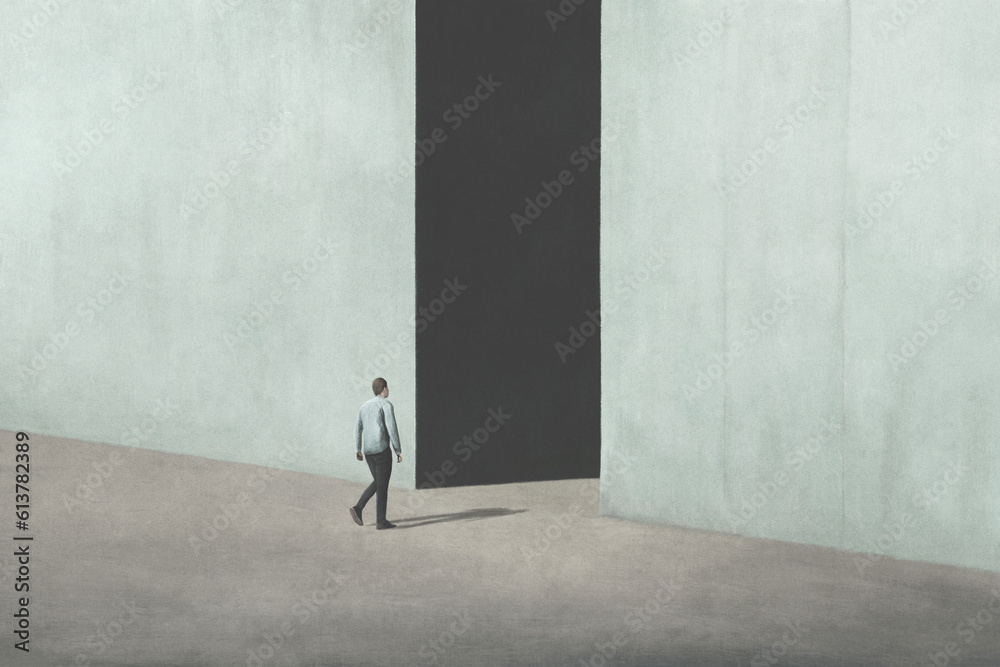 Illustration of man entering in a dark alley, abstract concept Illustration of man entering in a dark alley, abstract concept
