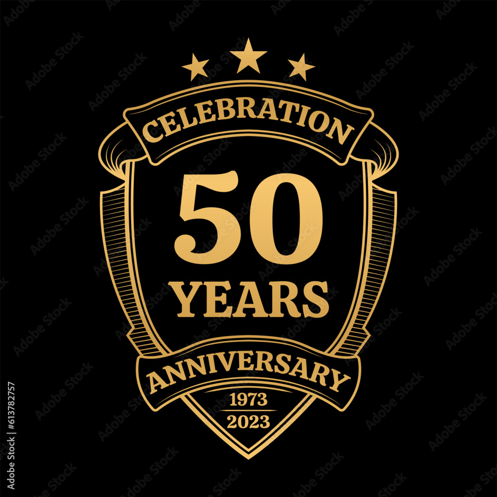 Obraz premium 50 years anniversary icon or logo. 50th yubilee celebration, business company birthday badge or label. Vintage banner with shield and ribbon. Wedding, invitation design element. Vector illustration.