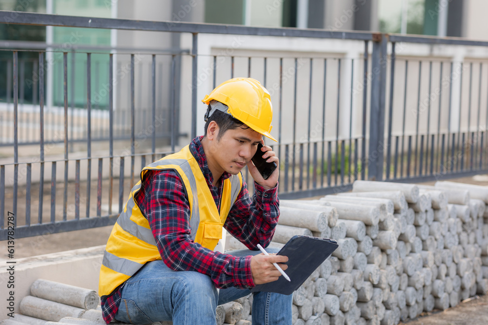 Men Engineer using mobile phone and holding tablet for inspecting and working at construction site Men Engineer using mobile phone and holding tablet for inspecting and working at construction site