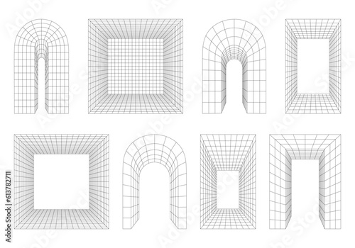 Wireframe 3D arch, arc, portal, gate. Perspective rounded and rectangular shapes, distorted grid, 3D Technology Mesh. Abstract architecture arch. Set of Brutal graphic design elements.