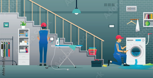 Technicians are repairing washing machines and power outlets.