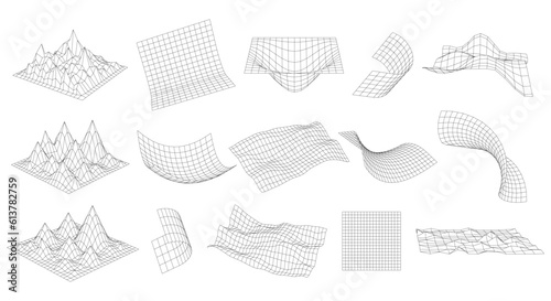 3D Glitch rectangle plane set. Distorted perspective grid collection. Abstract Wavy futuristic design elements. Ripple wireframes net. Vector geometric line mesh, square structure grid