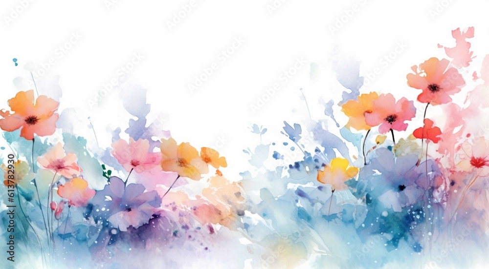 Watercolor illustration of pastel summer flowers in wide border on a white background created with Generative AI technology