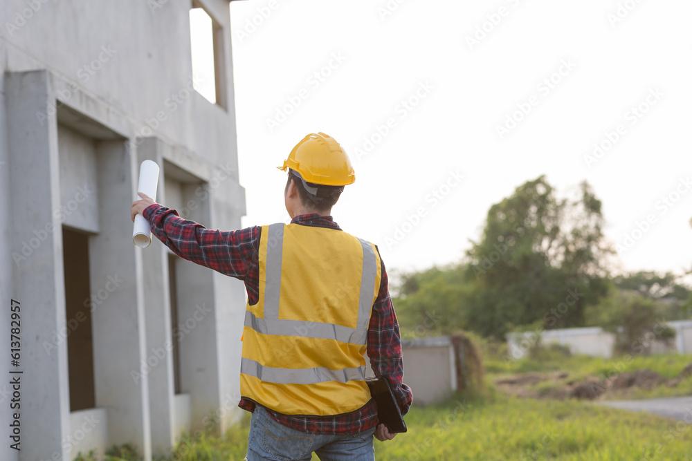 Men Engineer using mobile phone and holding tablet for inspecting and working at construction site