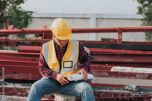 Male civil engineer in safety clothes using digital tablet to inspect work and quality control for construction contractor and real estate developer