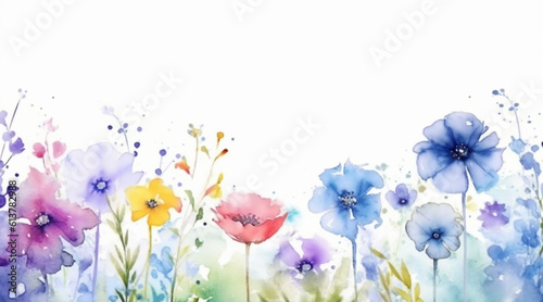 Watercolor illustration of pastel summer flowers in wide border on a white background created with Generative AI technology