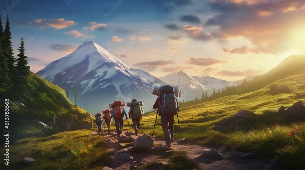 Mountain Trail: Group of Hikers Setting Off on Their Journey. Generative ai