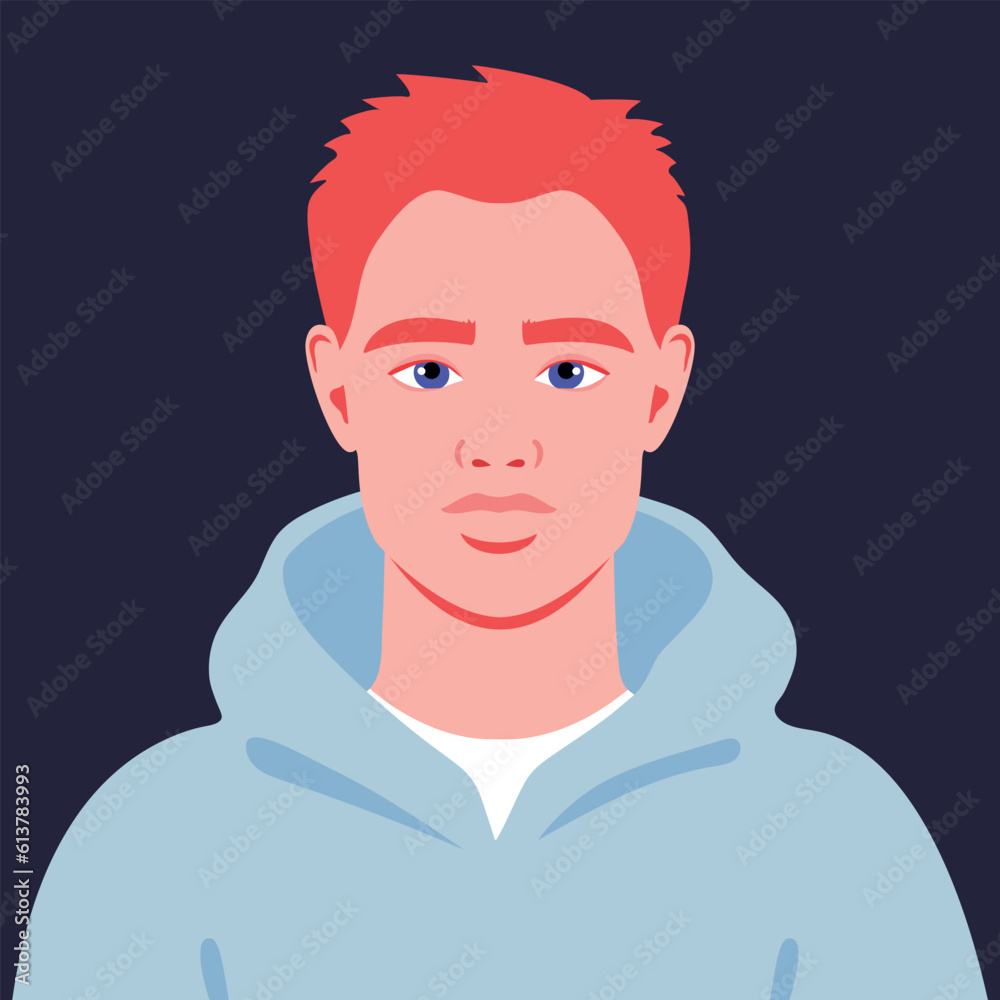 Fototapeta premium Young redhead man in a blue hoodie. Portrait of an abstract guy. Full face abstract male avatar in flat style