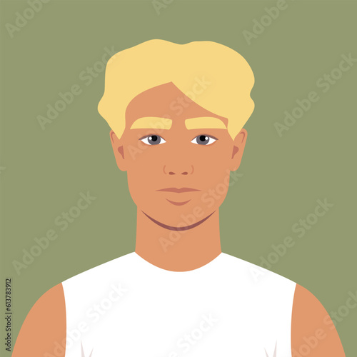 Young man with curly blonde hair in a white shirt. Portrait of an abstract guy. Full face abstract male avatar in flat style