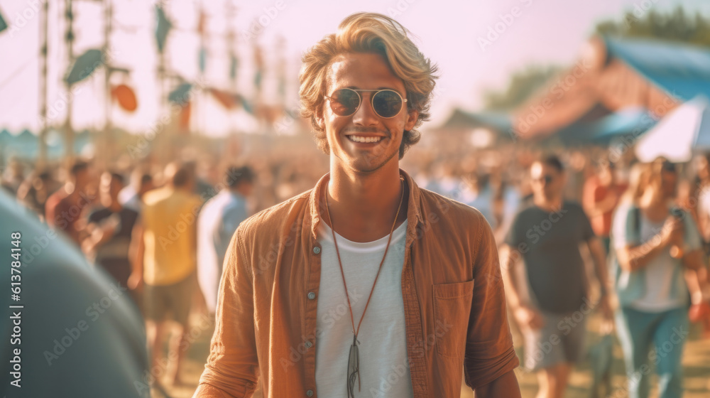Fototapeta premium Portrait of a young man having fun at a summer music festival concert