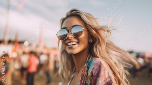 Portrait of a young woman having fun at a summer music festival concert