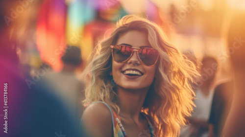 Portrait of a young woman having fun at a summer music festival concert