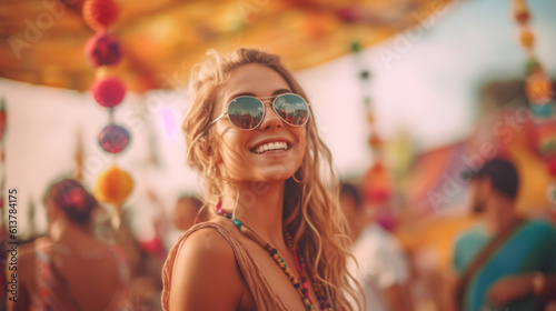 Portrait of a young woman having fun at a summer music festival concert