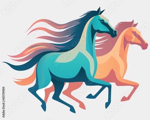 Two horses running  waving their colorful manes