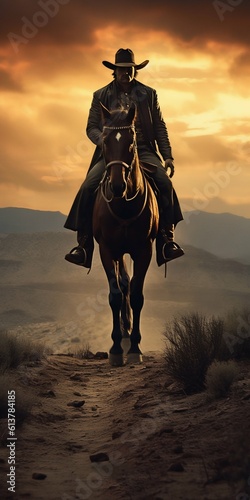 Western Cowboy Gunslinger on Horse with Hat on Dark Sunset Background. Generative ai © Scrudje