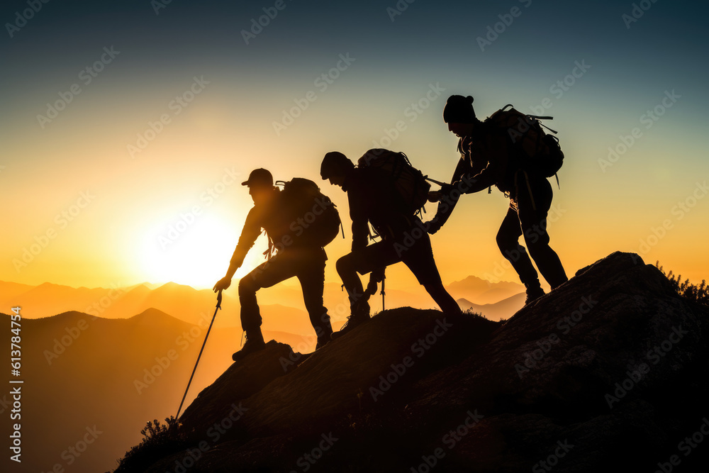 Teamwork help and assistance concept. Silhouettes of people climbing on mountain and helping.