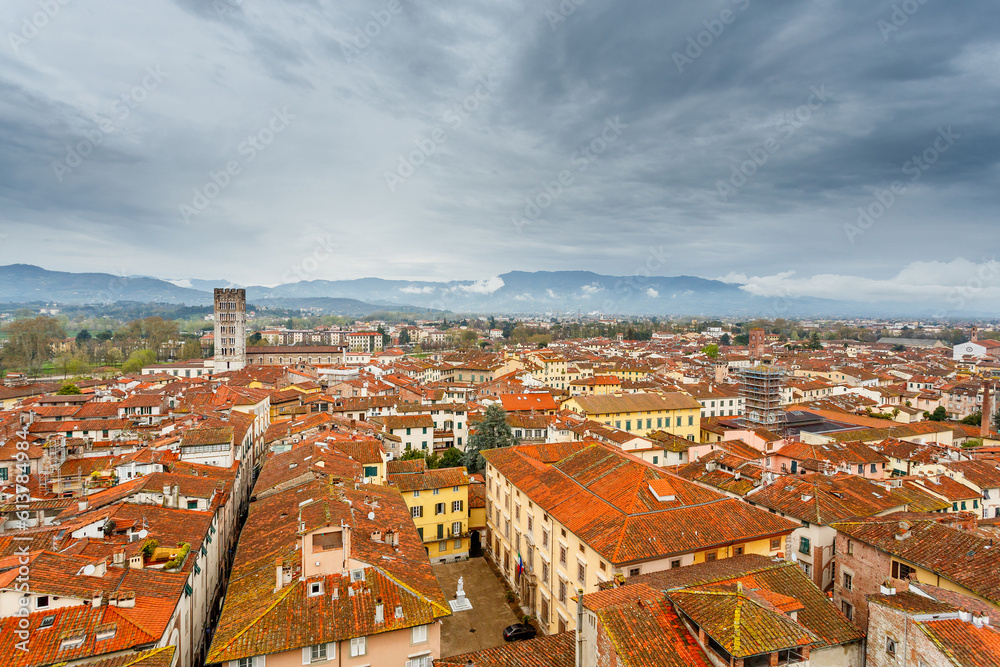 Lucca, Italy. Panoramic view over the city center	