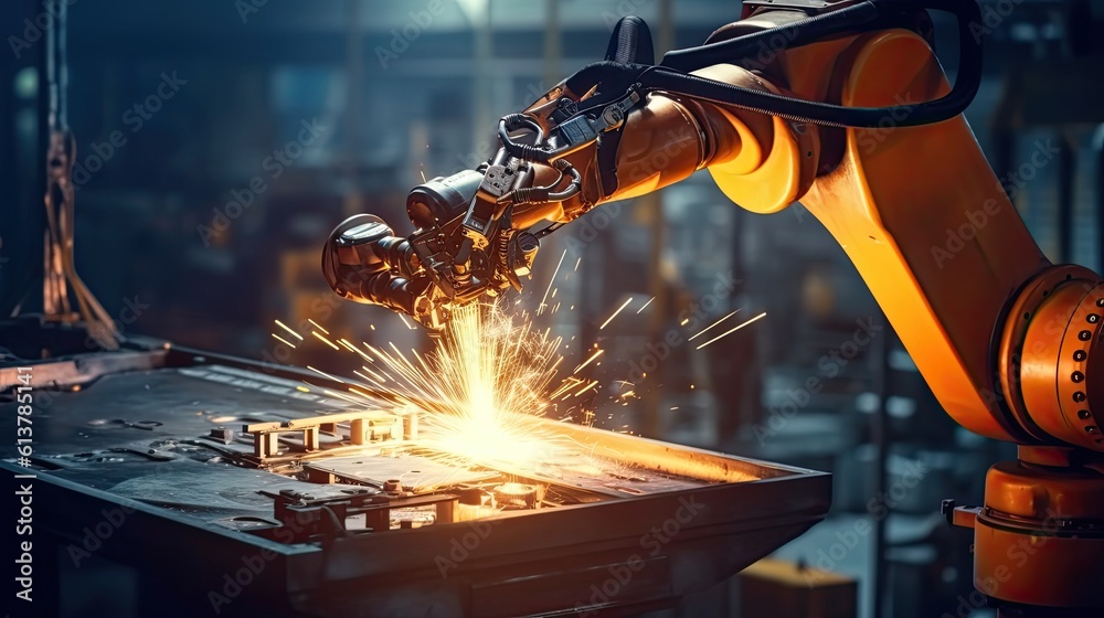 Industrial welding robot arm working on production line Advanced ...