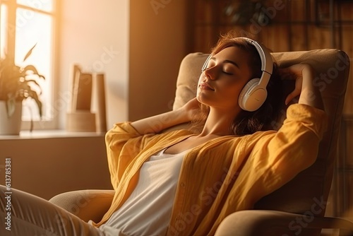 Young woman in headphones listening to music at home. Girl sitting on  sofa photo