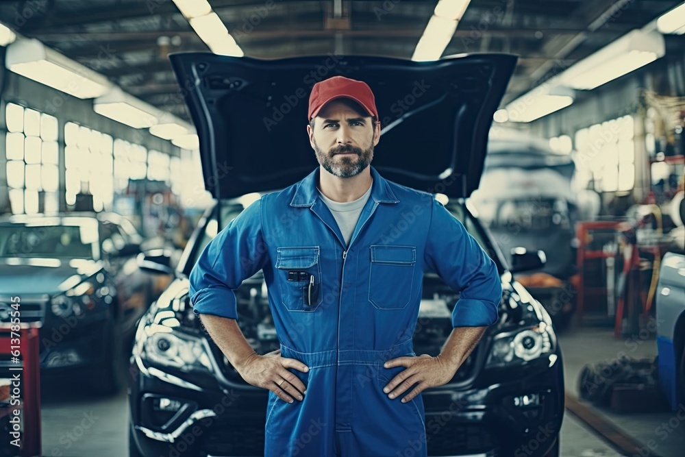 Obraz premium Handsome mechanic in uniform in auto repair shop