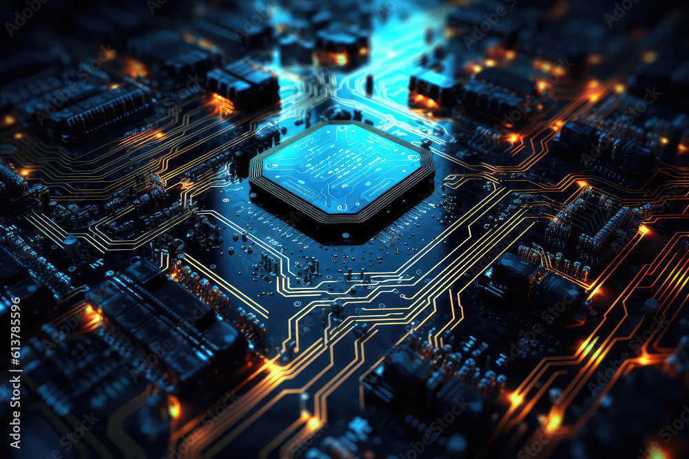 Electronic circuit chip board close up wallpaper. Blue black colors ...
