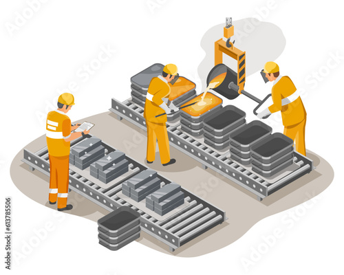 Metal industry steel and iron Factory process laborer worker casting metal yellow suite dangerous career concept isometric isolated cartoon vector 